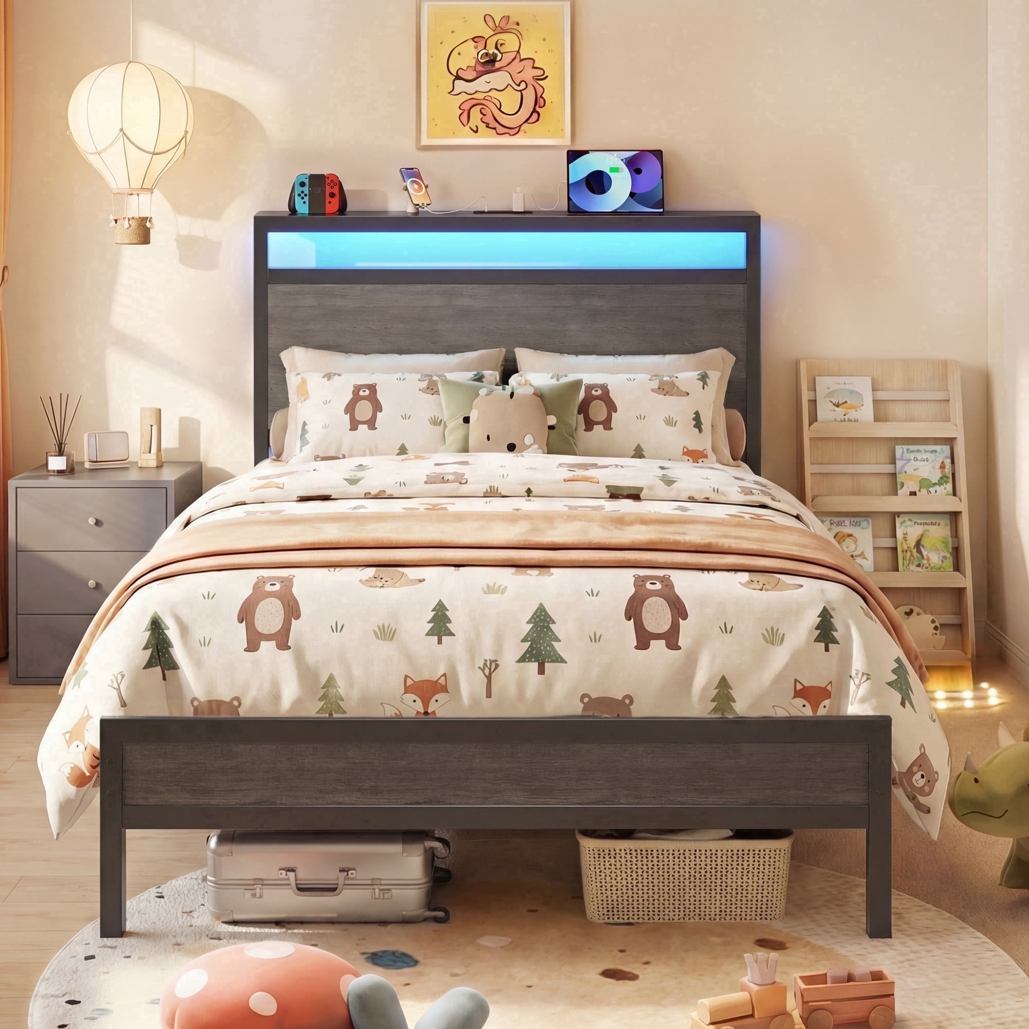 Bolvdo Twin Size Bed Frame with Headboard & Footboard, LED Light & Charging Station, Under-Bed Storage, Noise-Free, No Box Spring Needed, Easy Assembly, Rustic Gray