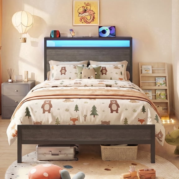 Bolvdo Twin Size Bed Frame with Headboard & Footboard, LED Light & Charging Station, Under-Bed Storage, Noise-Free, No Box Spring Needed, Easy Assembly, Rustic Gray