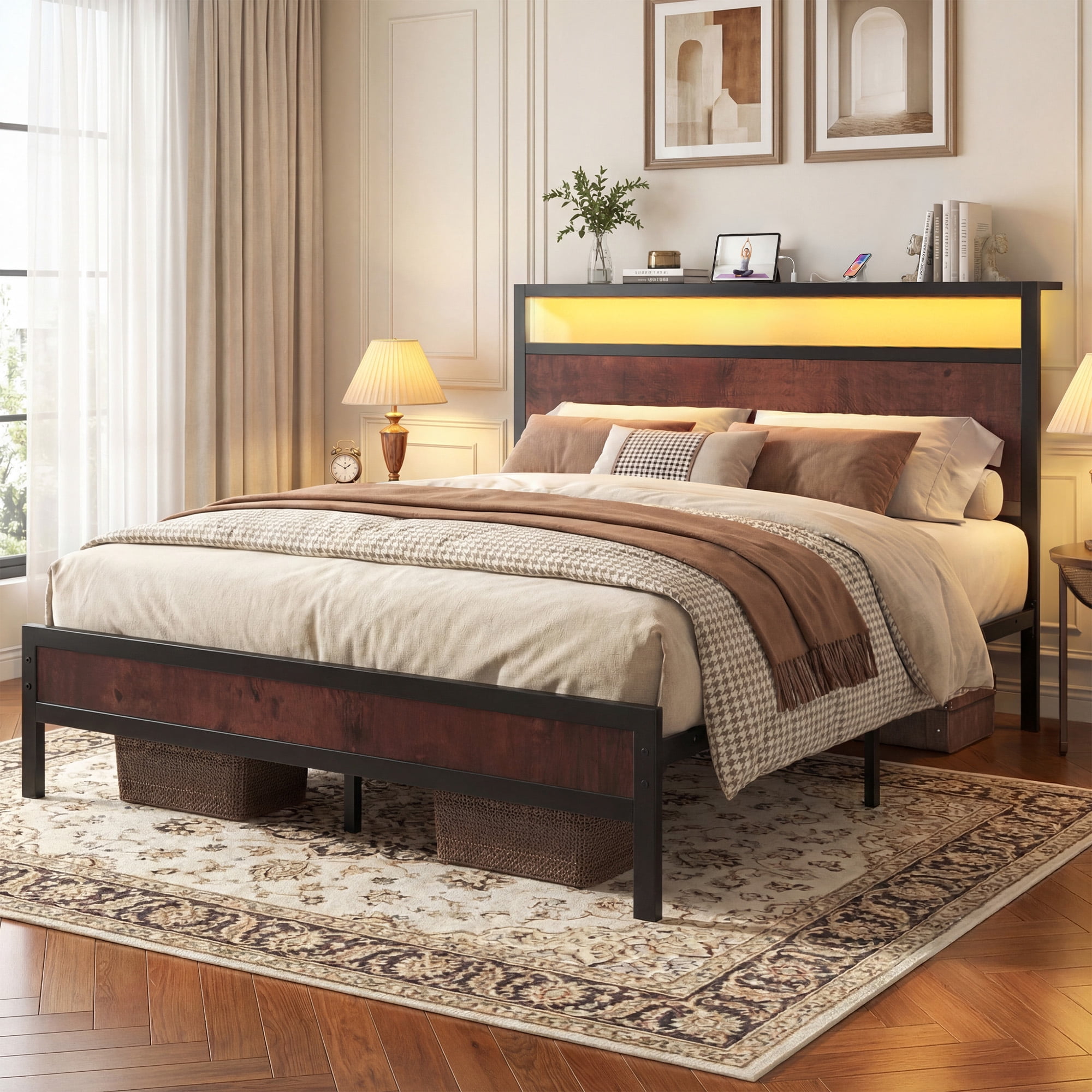 Bolvdo Queen Bed Frame with LED Headboard & Footboard, Built-in Charging Station, Storage Shelf, Noise-Free, No Box Spring Required, Easy Assembly, Coffee Brown