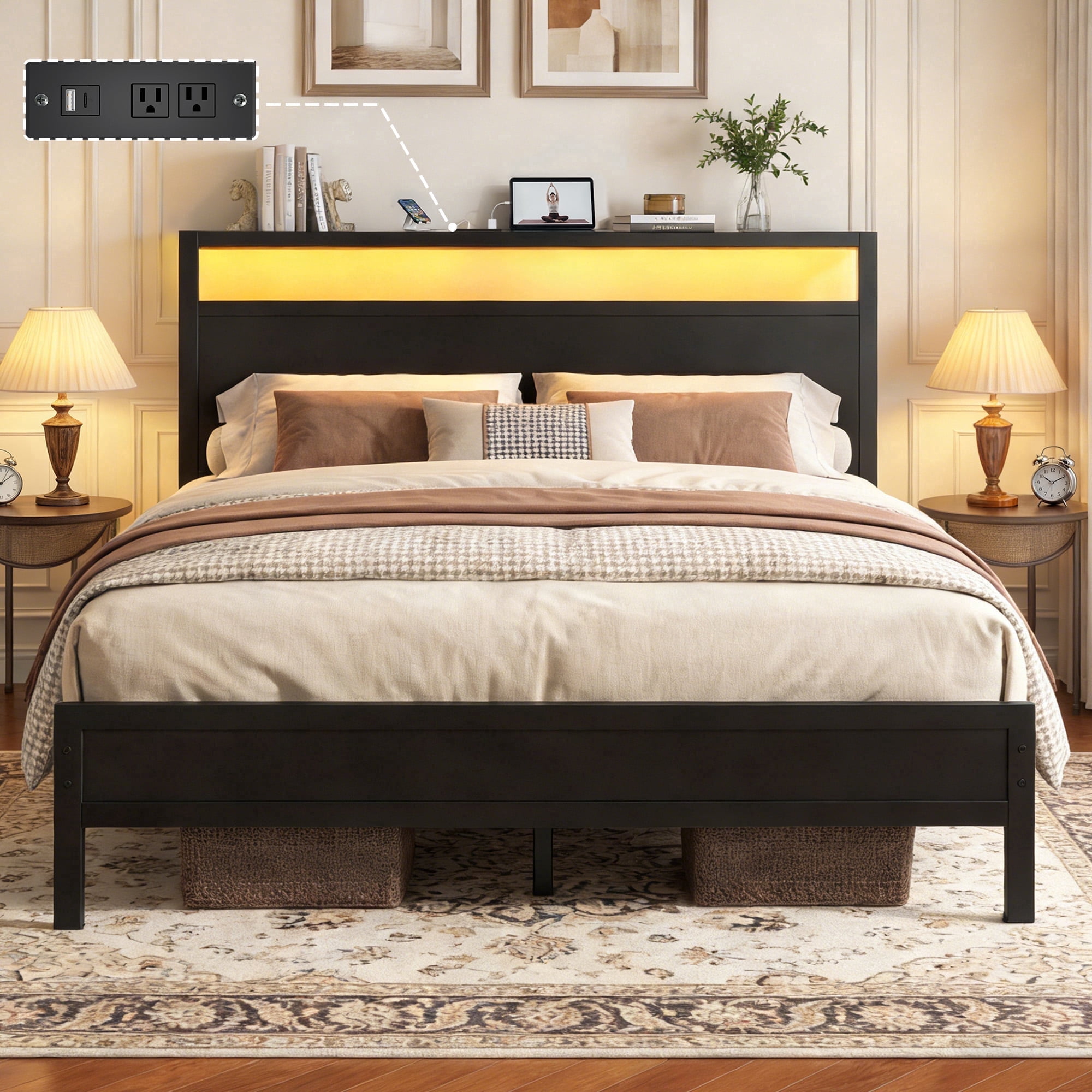 Bolvdo Queen Size Bed Frame with Headboard & Footboard, Built-in Charging Station & LED Light, Storage Shelf, Noise-Free, No Box Spring Needed, Easy Assembly, Classic Black