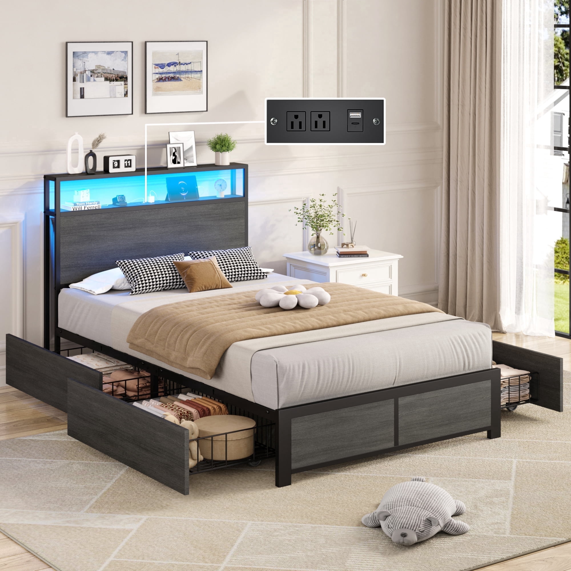 Bolvdo Twin Bed Frame with Two-Tier Storage Headboard, USB Port and LED Light, Four Storage Drawers, Grey