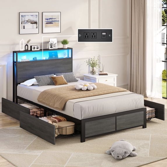 Bolvdo Twin Bed Frame with Two-Tier Storage Headboard, USB Port and LED Light, Four Storage Drawers, Grey