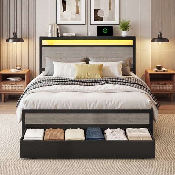 Twin Bed Frame with Storage Headboard & Drawer, Charging Station & LED Light, No Box Spring Needed, Noise Free, Easy Assembly, Rustic Grey