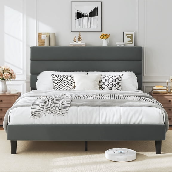 Bolvdo Queen Bed Frame with Velvet Upholstered Headboard, Metal Support, No Box Spring Needed, Noise Free, Easy Assembly, Grey