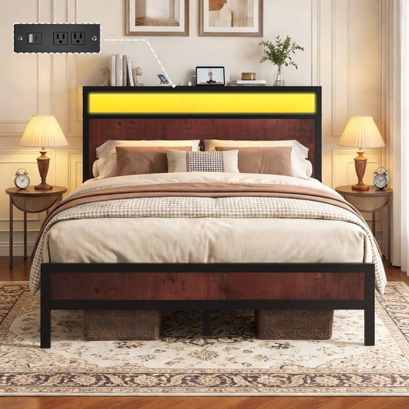Bolvdo Full Size Bed Frame with Linen Storage Headboard, LED Light & Charging Station, Drawers Included, Vintage Brown, Noise-Free