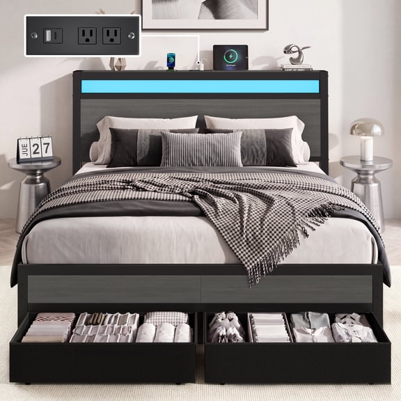Bolvdo Queen Size Bed Frame with 2 Drawers, LED & USB Charging, Upholstered Headboard, Noise-Free, No Box Spring Needed, Easy Assembly, Gray