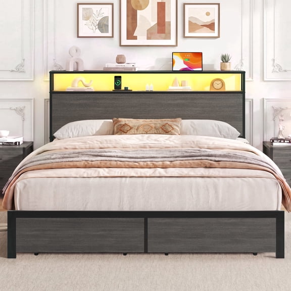 Isvyn Queen Size Bed Frame with 2-Tier Storage Headboard, Drawers, Built-in Charging Station & LED Light, Noise-Free, No Box Spring Needed, Easy Assembly, Rustic Grey