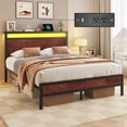 thumbnail image 1 of Bolvdo Full Size Bed Frame with Linen Storage Headboard, LED Light & Charging Station, Noise-Free, Vintage Brown, 1 of 7