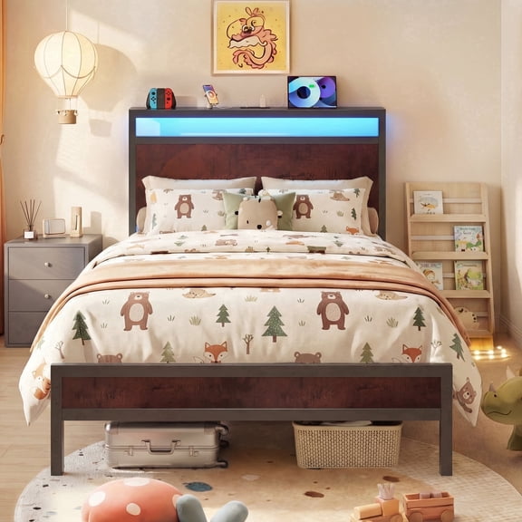 Bolvdo Twin Bed Frame with LED Headboard, USB Charging Port, Noise-Free Iron Wood Bed Frame, Brown