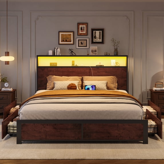 Bolvdo Queen Size Lodge Medium Density Fiberboard Bookcase Bed with Charging Station, Brown