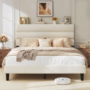 Queen Bed Frame with Velvet Upholstered Headboard, Metal Support, No Box Spring Needed, Noise Free, Easy Assembly, Beige