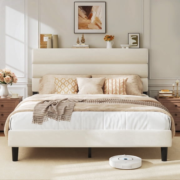 Bolvdo Queen Bed Frame with Velvet Upholstered Headboard, Metal Support, No Box Spring Needed, Noise Free, Easy Assembly, Beige