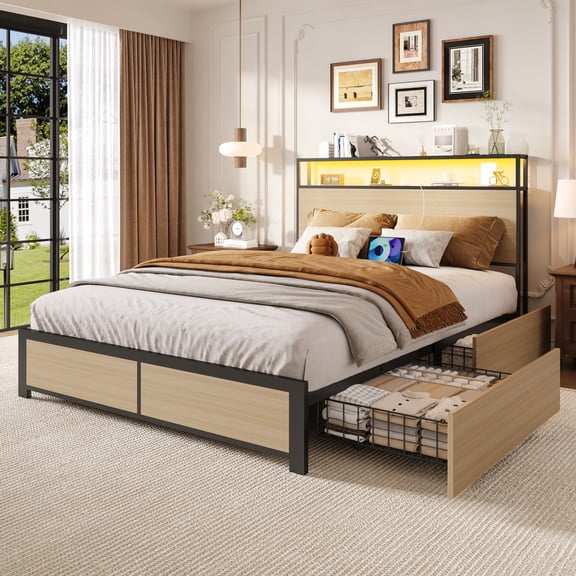 Bolvdo Adult Rustic Lodge Metal MDF Bookcase Bed with Charging Station and LED, Beige