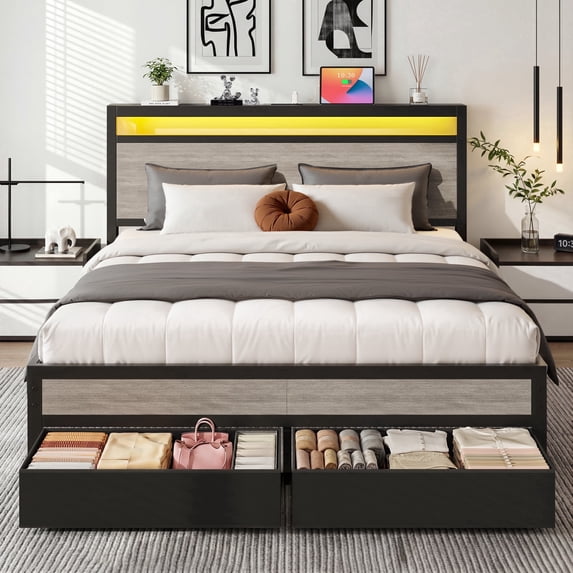 Bolvdo Queen Size Bed Frame with 2 Drawers, LED & USB Charging, Upholstered Headboard, Noise-Free, No Box Spring Needed, Easy Assembly, Gray