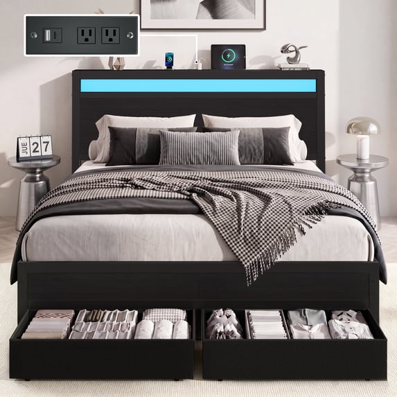Bolvdo Queen Bed Frame with Headboard & Footboard, Charging Station ...