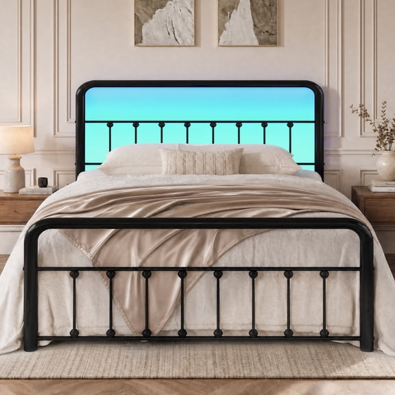 Queen Metal Platform Bed Frame with LED Lights and USB Charging Station, No Box Spring Needed, Black