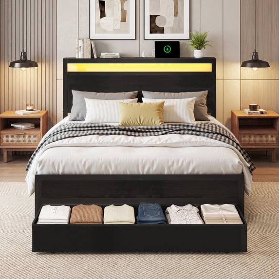 Bolvdo Twin Bed Frame with Storage Headboard, Drawers, LED Light & Charging Station, Noise-Free, Easy Assembly, Classic Black