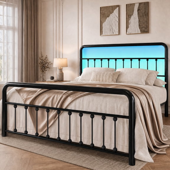 King Metal Platform Bed Frame with LED Lights and USB Charging Station, No Box Spring Needed, Black