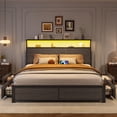 thumbnail image 1 of Bolvdo Queen Size Bed Frame with 2-Tier Bookcase Headboard Platform Bed with Charging Station & LED, 4 Storage Drawers, Metal Support, No Box Spring Needed, Noise Free, Grey, 1 of 7