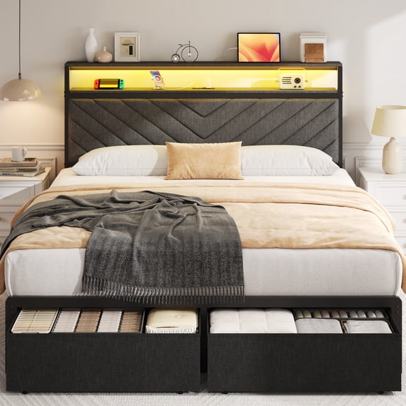 Bolvdo Queen Bed Frame with 2-Tier Storage Headboard, LED Light, USB Ports, 2 Storage Drawers, Gray