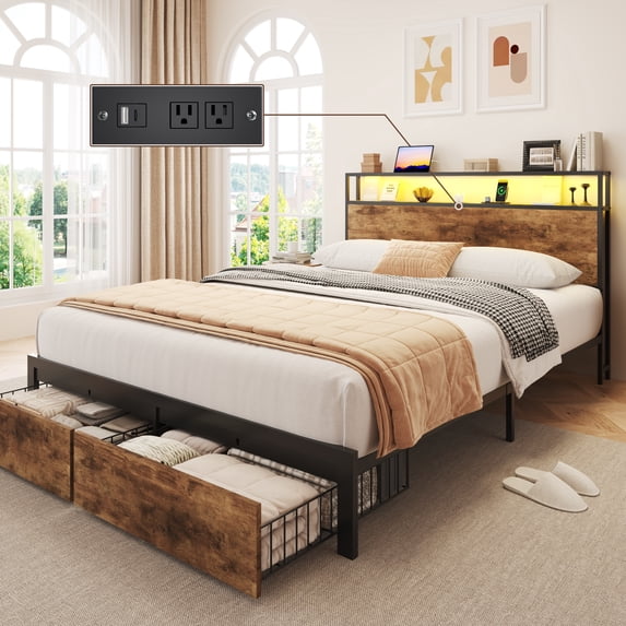 Bolvdo Full Bed Frame with Headboard and Storage,2-Tier Storage Headboard & Foot-Board Drawers, Rustic Brown