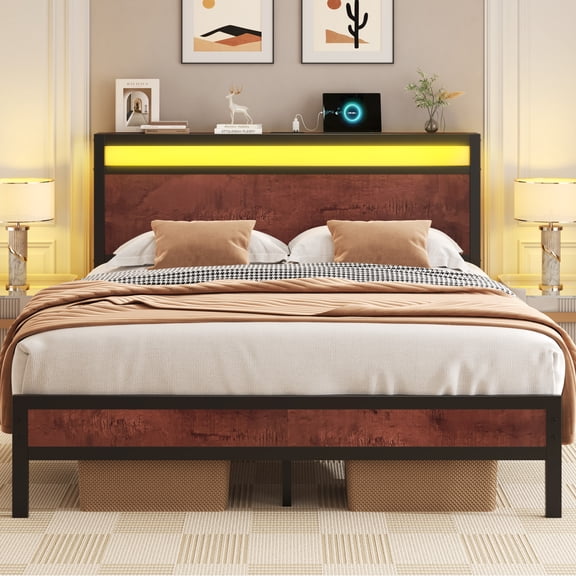 Bolvdo Queen Bed Frame with LED Headboard & Footboard, Built-in Charging Station, Storage Shelf, Noise-Free, No Box Spring Required, Easy Assembly, Coffee Brown