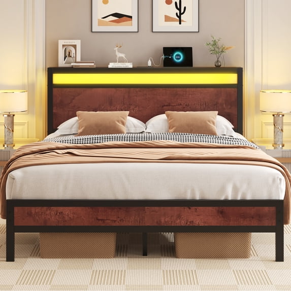 Bolvdo Queen Bed Frame with LED Headboard & Footboard, Built-in Charging Station, Storage Shelf, Noise-Free, No Box Spring Required, Easy Assembly, Coffee Brown