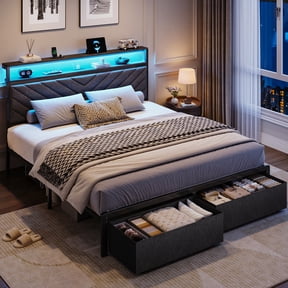 Bolvdo Twin Bed Frame with 2-Tier Storage Headboard, USB Ports, LED Light, 2 Storage Drawers, Metal Support, No Box Spring Needed, Noise Free, Easy Assembly, Gray