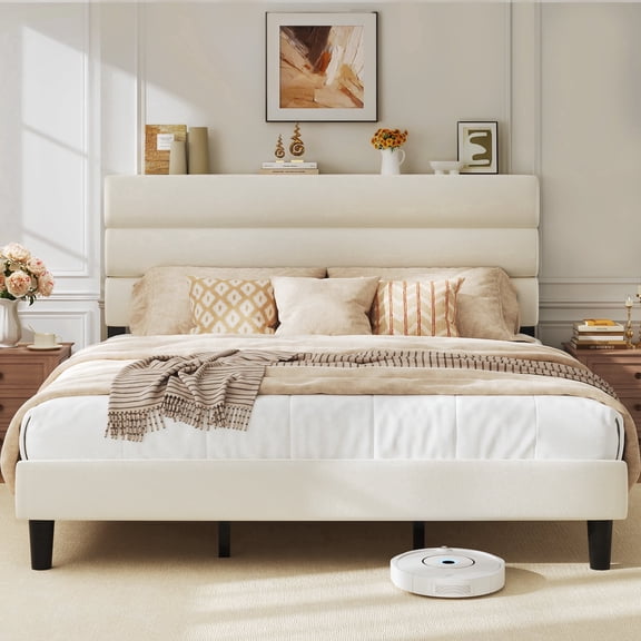 Bolvdo King Bed Frame with Velvet Upholstered Headboard, Metal Support, No Box Spring Needed, Noise Free, Easy Assembly, Beige