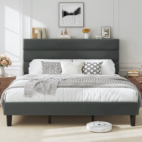 Bolvdo King Bed Frame with Velvet Upholstered Headboard, Metal Support, No Box Spring Needed, Noise Free, Easy Assembly