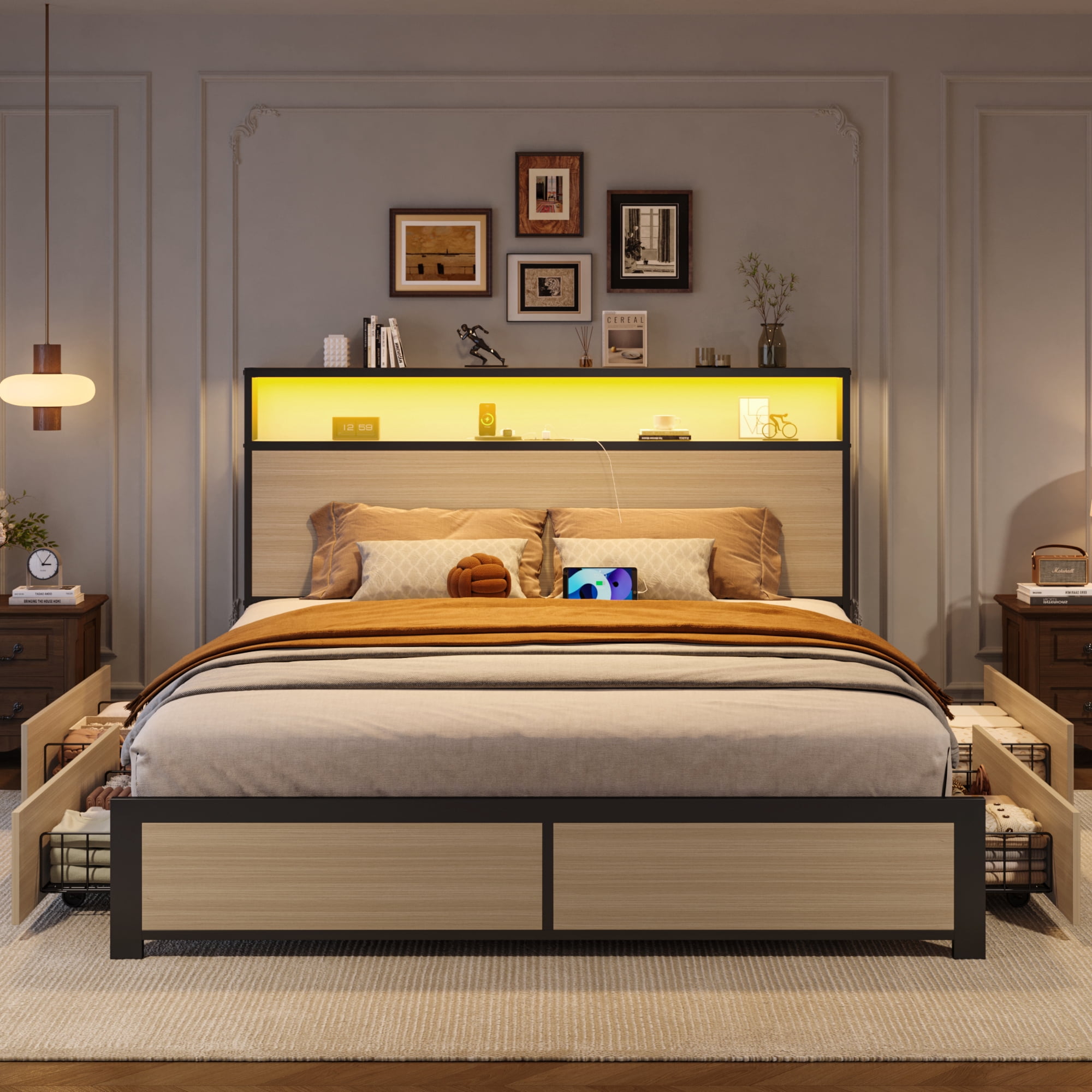 Bolvdo Rustic Queen Size Bed Frame with LED Lights, Bookcase Headboard & Storage Drawers, Metal Support, No Box Spring Needed, Beige