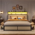 thumbnail image 1 of Bolvdo Rustic Queen Size Bed Frame with LED Lights, Bookcase Headboard & Storage Drawers, Metal Support, No Box Spring Needed, Beige, 1 of 7