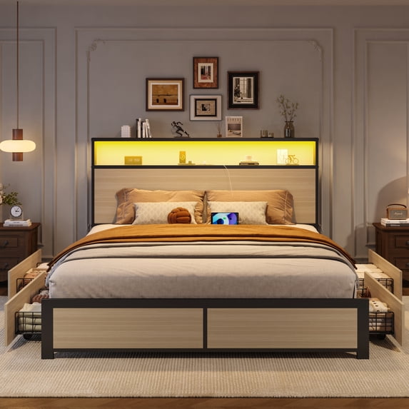 Bolvdo Rustic Queen Size Bed Frame with LED Lights, Bookcase Headboard & Storage Drawers, Metal Support, No Box Spring Needed, Beige