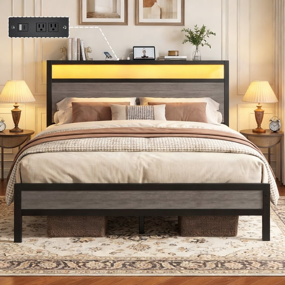 Bolvdo Queen Bed Frame with LED Headboard & Footboard, Built-in Charging Station, Storage Shelf, Noise-Free, No Box Spring Required, Easy Assembly, Rustic Grey