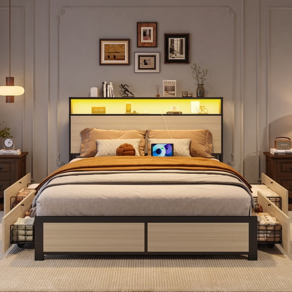 Bolvdo Adult Rustic Lodge Metal MDF Bookcase Bed with Charging Station and LED, Beige