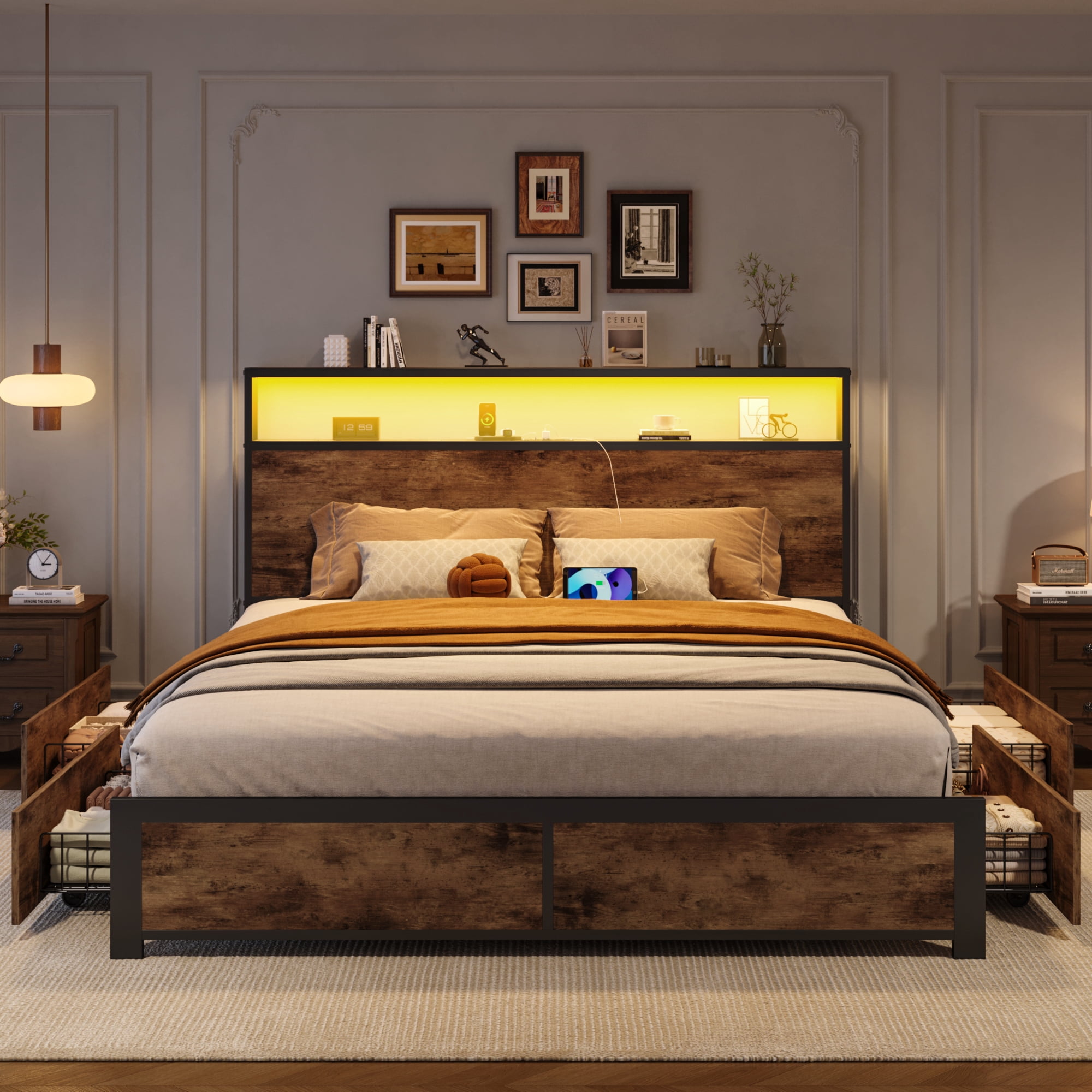 Bolvdo Queen Platform Bed Frame with Headboard, 4 Storage Drawers & USB Charging Station, LED Lights & Metal Support, Vintage Brown