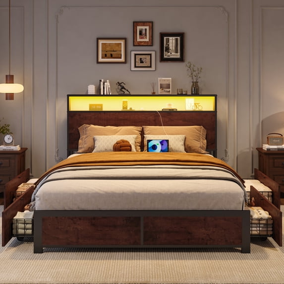 Bolvdo Full Size Bed Frame with 2-Tier Bookcase Headboard Platform Bed with Charging Station & LED, 4 Storage Drawers, Metal Support, No Box Spring Needed, Noise Free, Brown