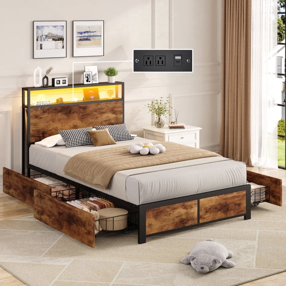 Bolvdo Twin Size Bed Frame with 2-Tier Bookcase Headboard, Charging Station & LED Lights, 4 Storage Drawers, Heavy-Duty Metal Support, Noise-Free, No Box Spring Needed, Brown