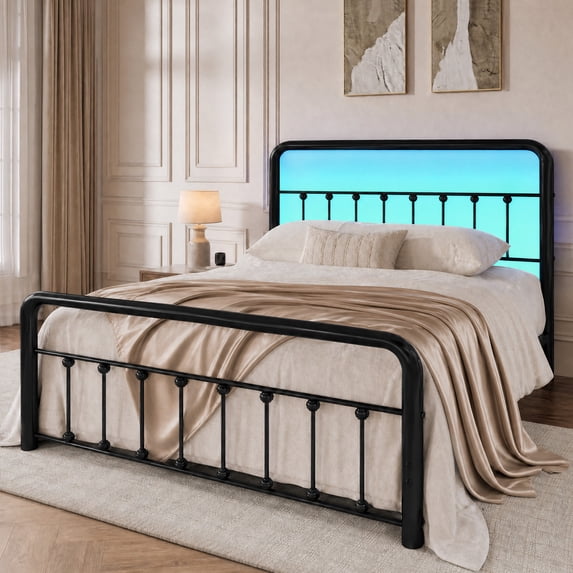 Isvyn Queen Bed Frame, Metal Platform Bed Frame with Vintage Pattern Headboard, Black