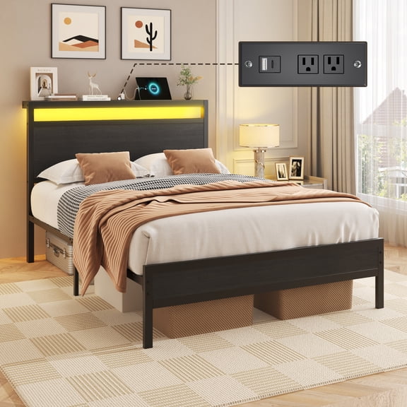 Bolvdo Twin Bed Frame with Headboard & Footboard, LED Light, Charging Station, Underbed Storage, Black