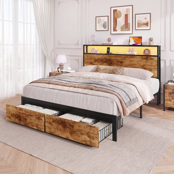 Bolvdo Bed Frame with Headboard and Storage,2-Tier Storage Headboard & Foot-Board Drawers, Rustic Brown, Full Size