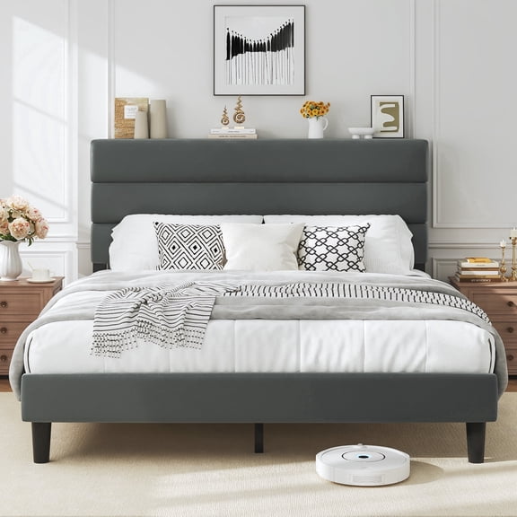 Queen Bed Frame with Velvet Upholstered Headboard, Metal Support, No Box Spring Needed, Noise Free, Easy Assembly, Grey
