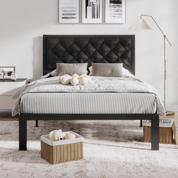 Bolvdo Twin Bed Frame with Upholstered Headboard, Heavy-Duty Metal Support, Noise-Free, No Box Spring Needed, Black