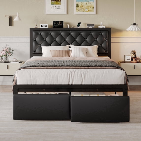 Bolvdo Bed Frame with Leather Upholstered Headboard, Lockable Storage, Queen Size, Black