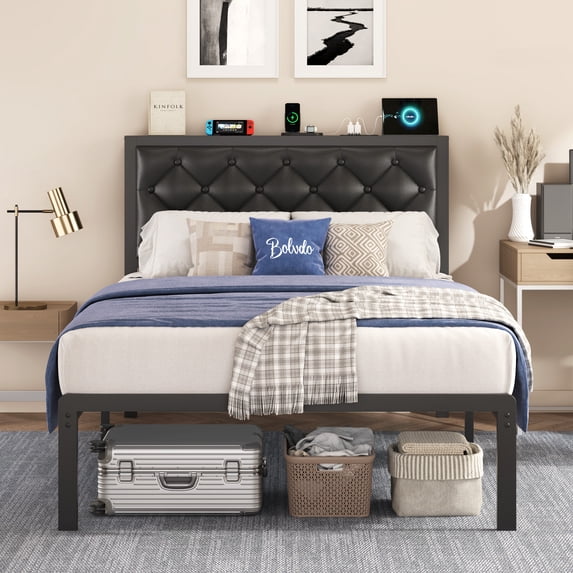 Bolvdo Twin Bed Frame with Upholstered Headboard, Heavy-Duty Metal Support, Noise-Free, No Box Spring Needed, Black