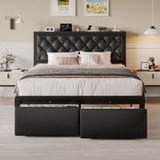 Queen Bed Frame with Leather Upholstered Headboard, Lockable Storage, Queen Size, Black