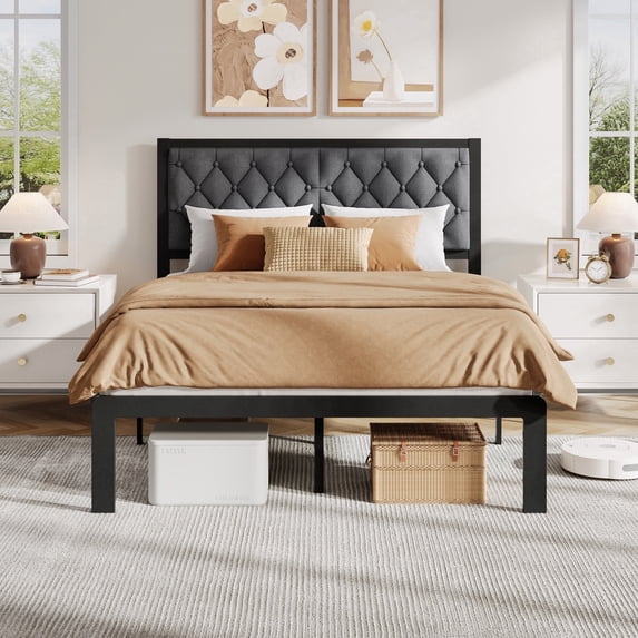 Bolvdo Full Upholstered Bed Frame with Tufted Headboard, Heavy-Duty Metal Support, Noise-Free, No Box Spring Needed, Easy Assembly, Grey