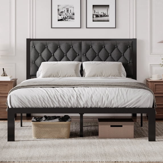 Bolvdo Bed Frame with Linen Upholstered Headboard, Queen, Metal Support, No Box Spring Needed, Grey