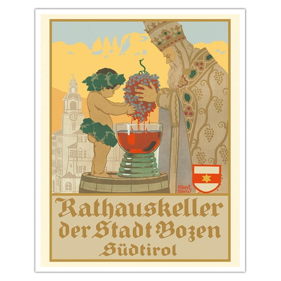 Bolzano South Tyrol Italy - Rathauskeller Restaurant - Wine and Spirits - Vintage Advertising Poster by Albert Stolz c.1922 - Fine Art Matte Paper Print (Unframed) 16x20in
