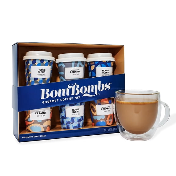 Thoughtfully Bombombs Coffee Mix Gourmet Gift Set in Mini Cup Packaging, Includes 6 Instant Coffees in House Blend and Caramel Flavors, Small Gift Basket